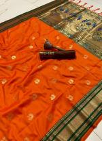 Paithani Silk Orange Traditional Wear Zari Work Saree